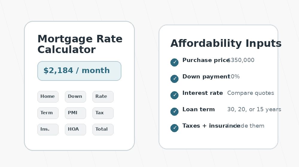 Mortgage rate calculator illustration comparing payment, down payment, interest rate, and loan term inputs