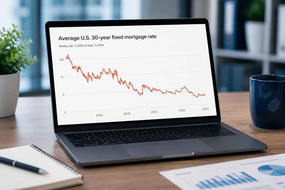 Line graph on laptop showing mortgage rate forecast 2025 trends