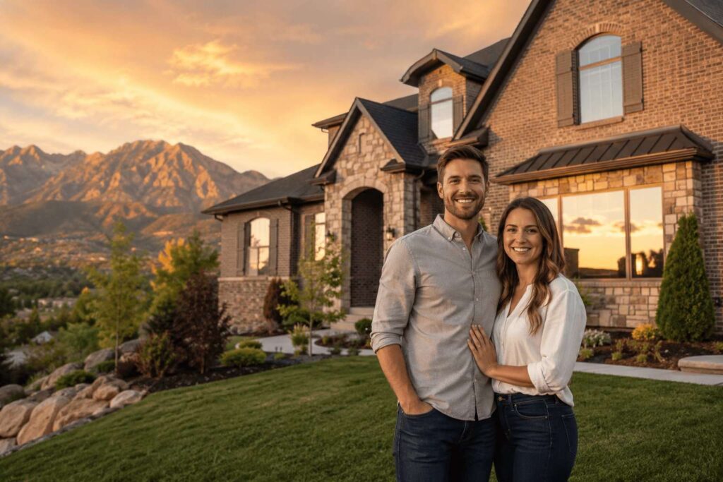 Utah family standing in front of their new home with mountains in the background, representing today’s 30-year fixed mortgage rates.