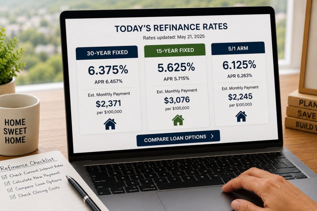 Homeowner reviewing refinance mortgage rates and a checklist for comparing loan options.