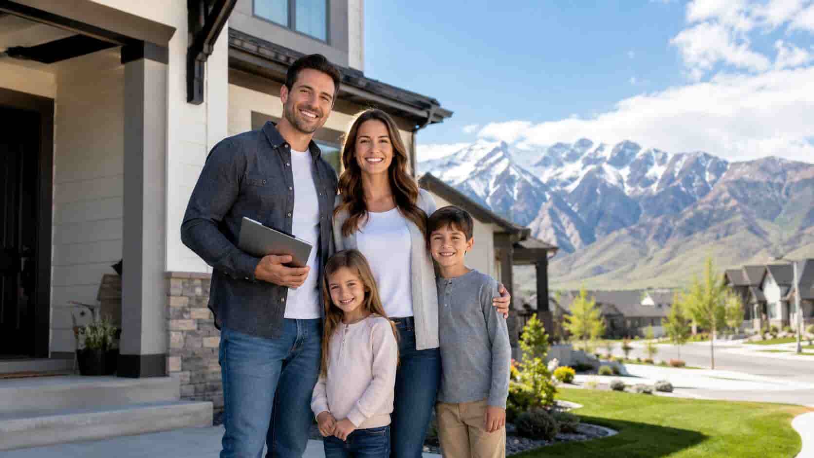 Family standing outside a newly purchased home in Utah while reviewing mortgage documents.