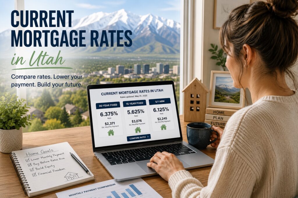 Utah homebuyer comparing current mortgage rates and monthly payment options on a laptop.