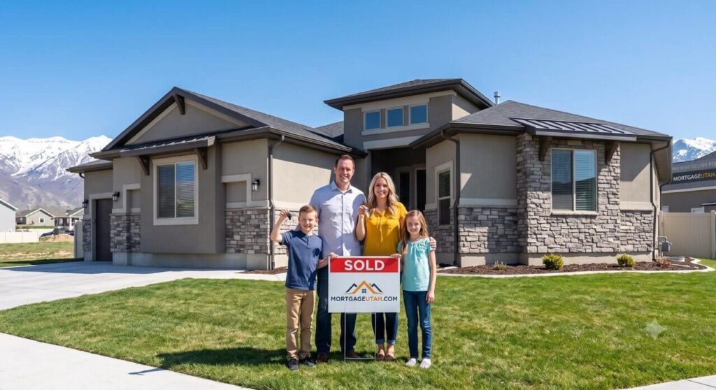 Family standing outside their beautiful new suburban house with mountains in the distance.