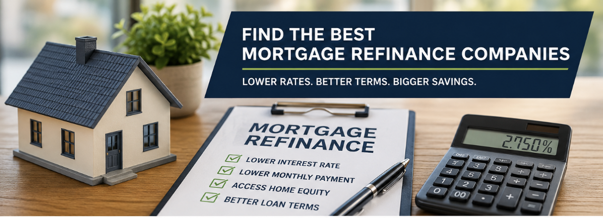 Homeowner comparing mortgage refinance companies using refinance calculator and reviewing mortgage rates