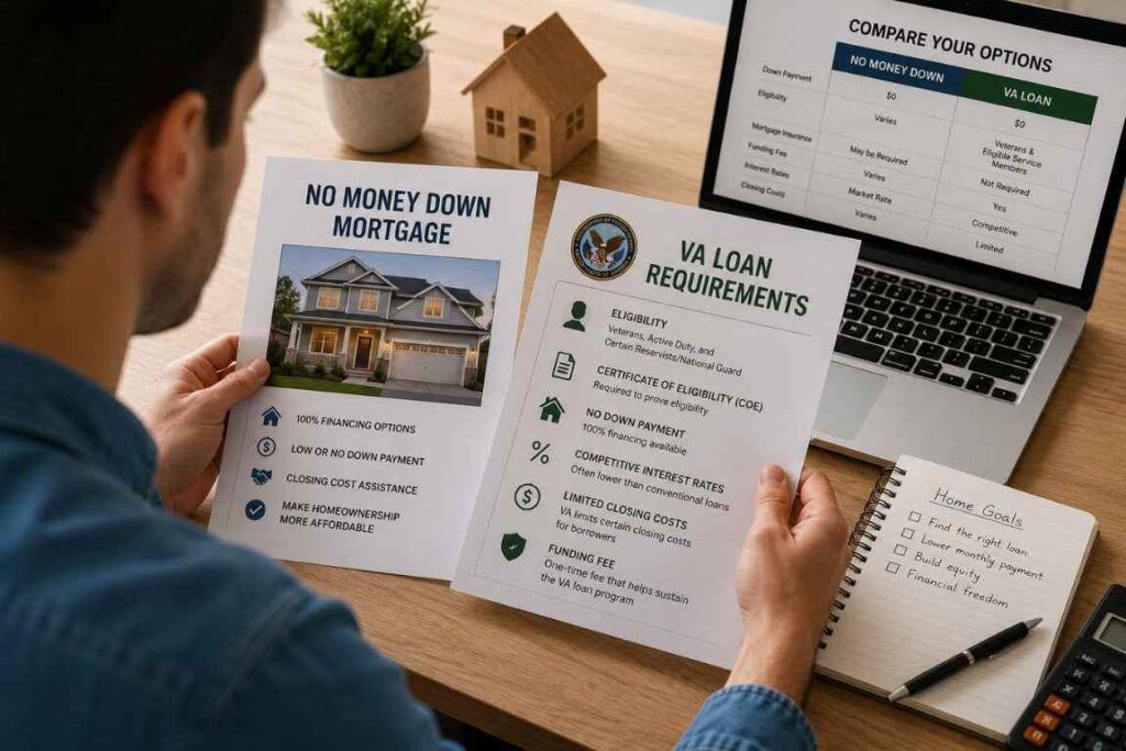 Homebuyer comparing no money down mortgage and VA loan requirements.