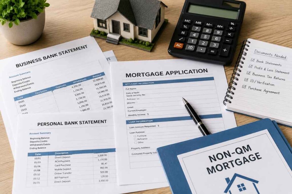 Bank statements and mortgage documents used for a Non-QM mortgage application.