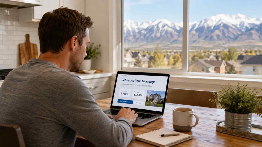 A Utah homeowner reviewing mortgage refinance options on a laptop at a kitchen table
with the Wasatch Mountains visible through the window