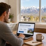 A Utah homeowner reviewing mortgage refinance options on a laptop at a kitchen table with the Wasatch Mountains visible through the window