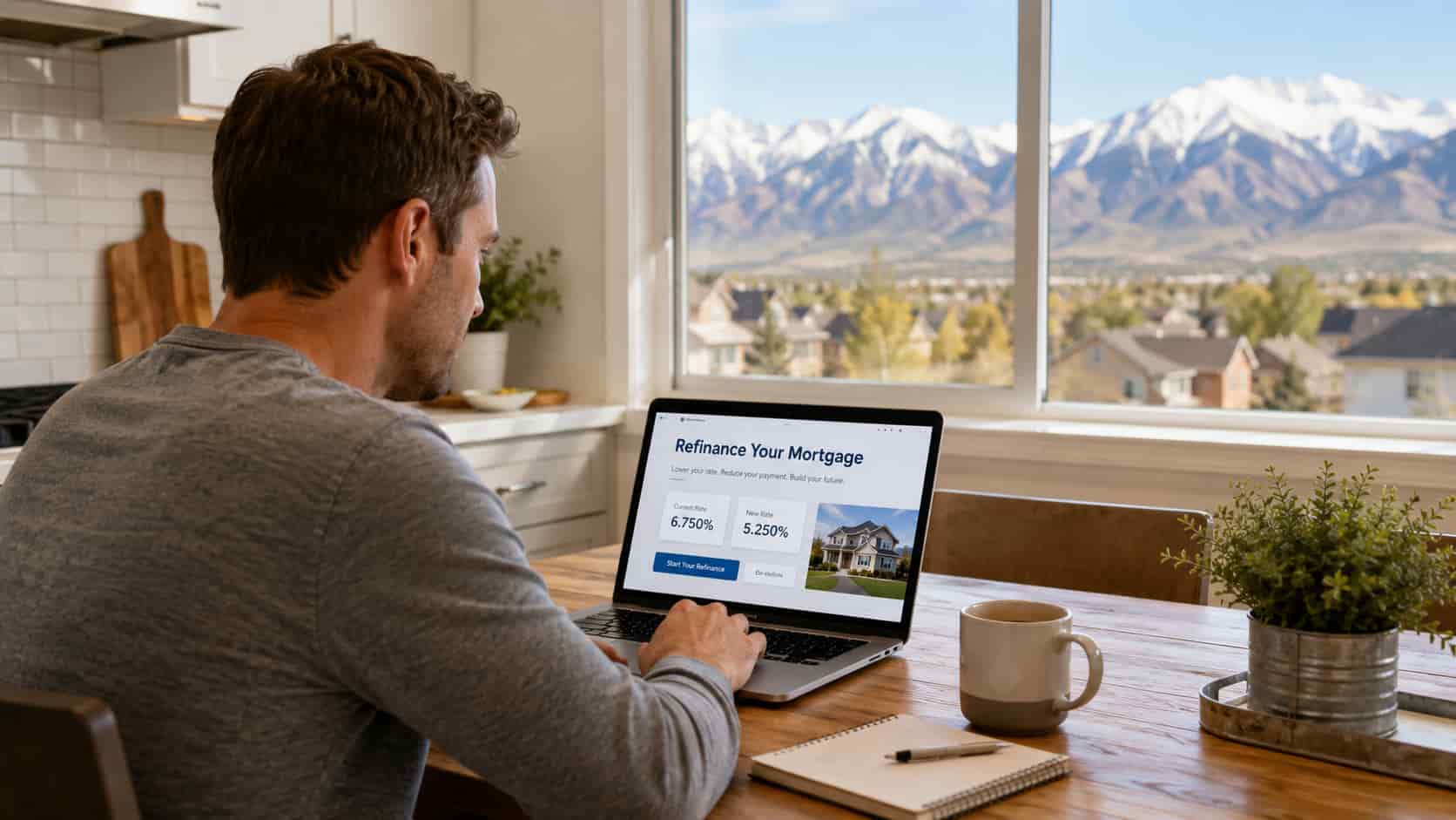 A Utah homeowner reviewing mortgage refinance options on a laptop at a kitchen table with the Wasatch Mountains visible through the window