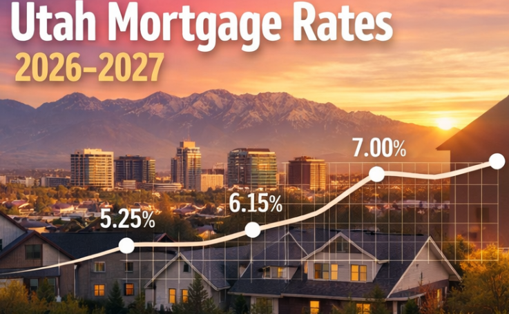 Utah Mortgage Rates Guide 2026–2027 hero image showing Salt Lake City skyline, Wasatch Mountains, and rising mortgage rates graph for Mortgage Rates Today in Utah
