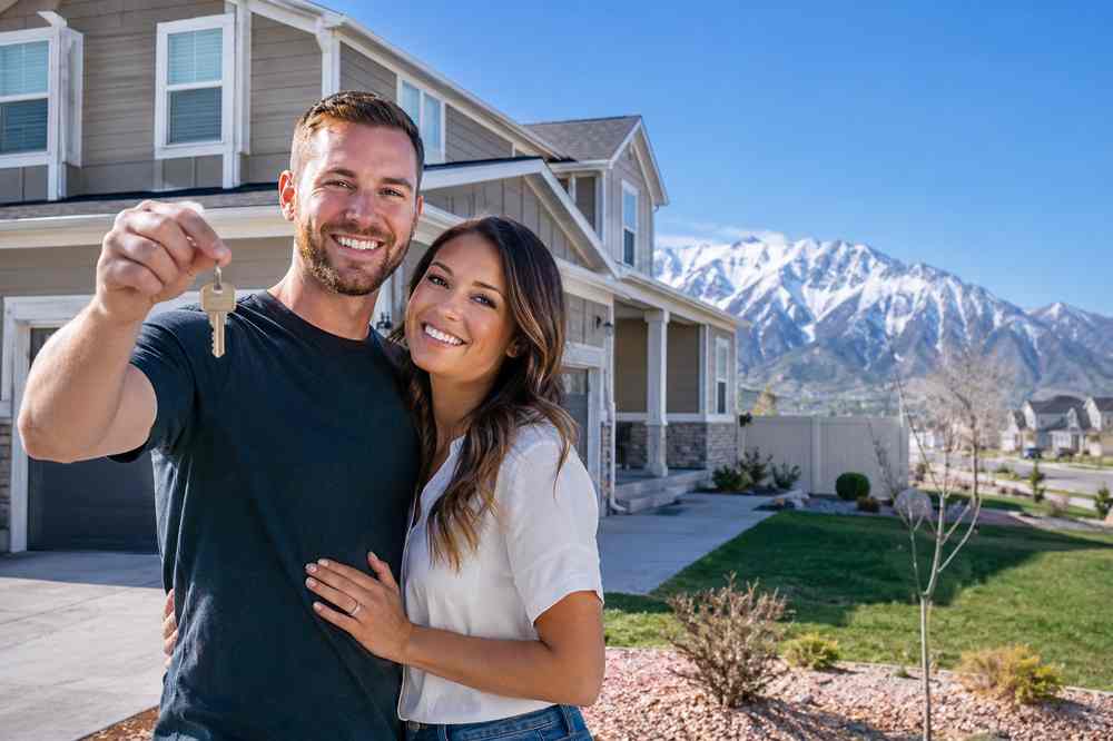 Smiling couple holding house keys outside their new Utah home after using down payment assistance.