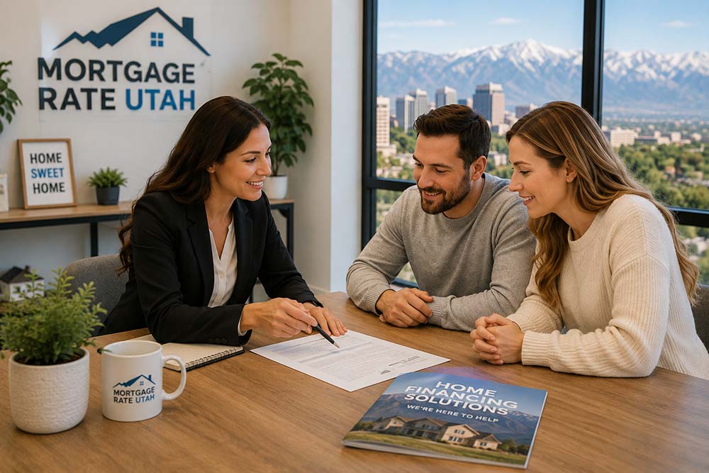 First-time home buyers meeting with a Utah mortgage professional to discuss down payment assistance.