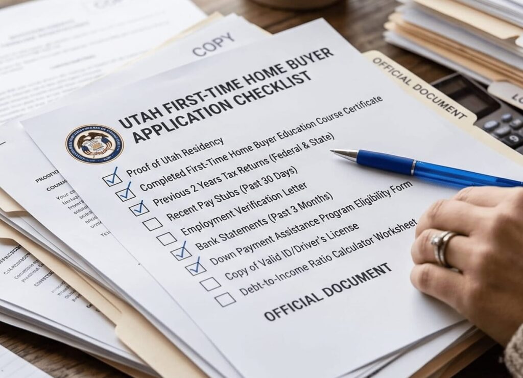 A detailed checklist and financial documents prepared for a Utah first-time home buyer application.