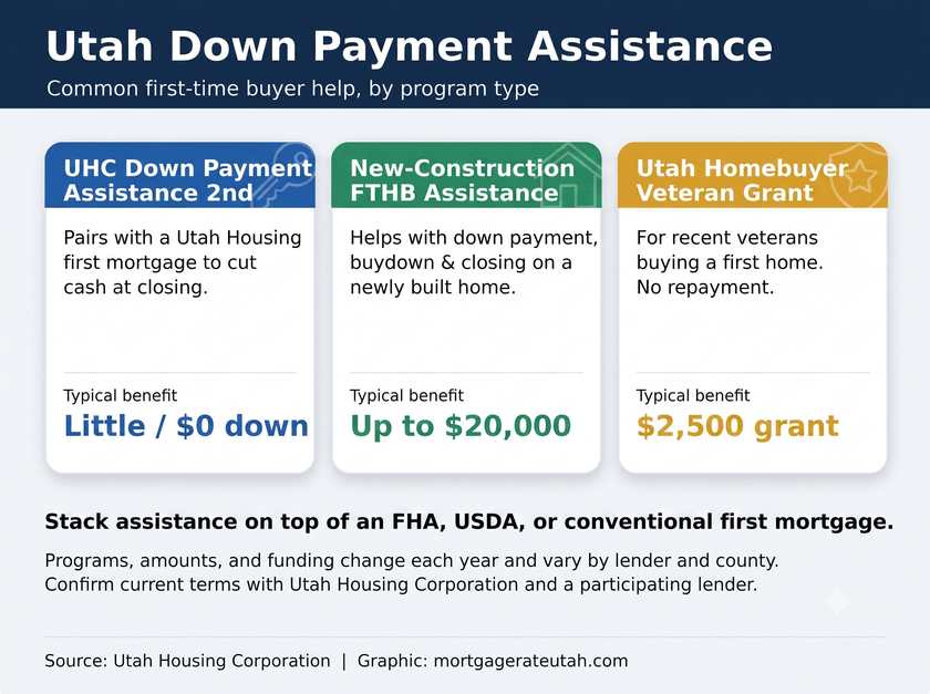 Utah down payment assistance infographic comparing the UHC down payment assistance second mortgage, new-construction first-time homebuyer assistance up to $20,000, and the $2,500 Utah veteran grant.