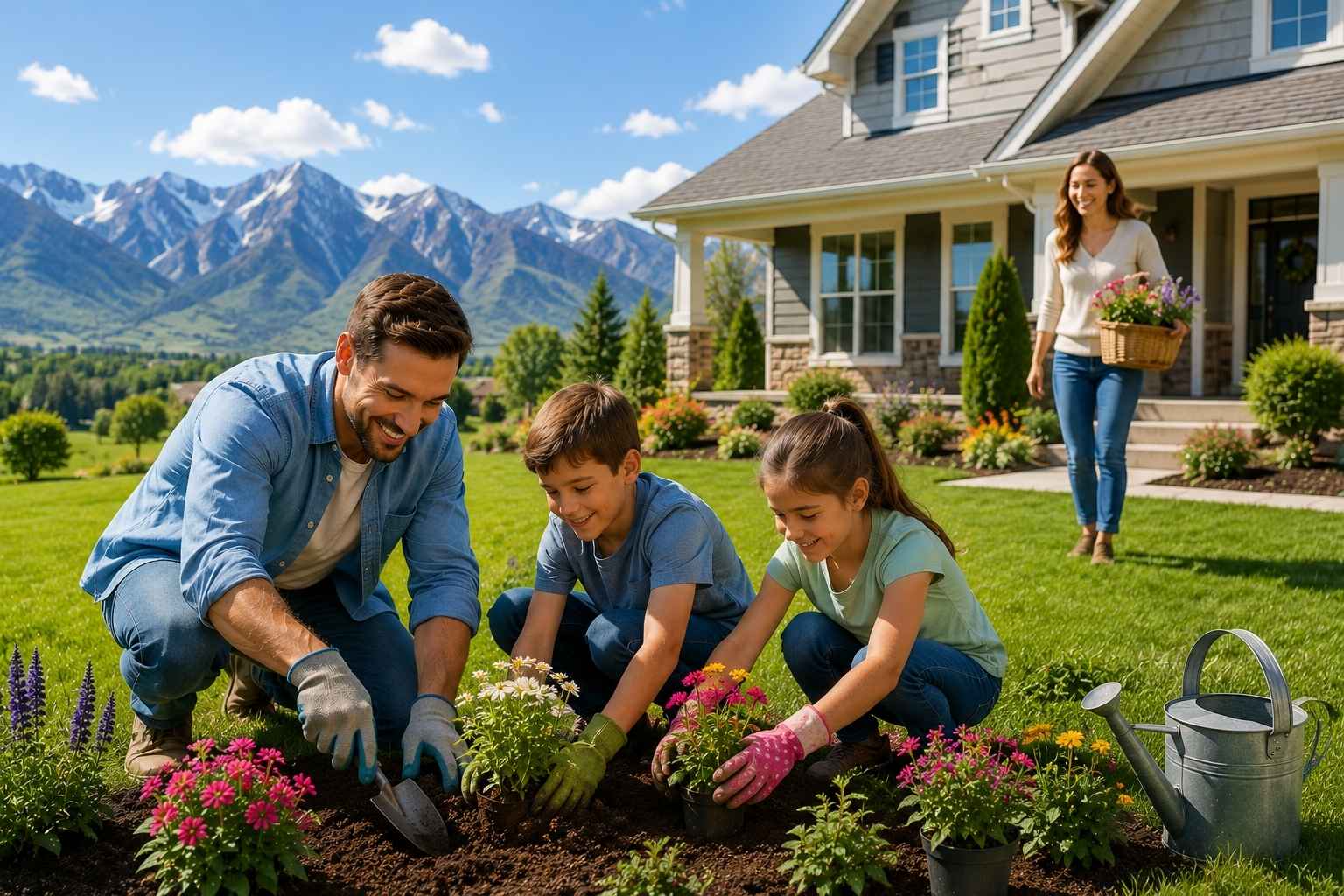 Happy Utah family enjoying the yard of their new home financed through local Utah mortgage lenders and first-time home buyer programs with Wasatch Mountain views