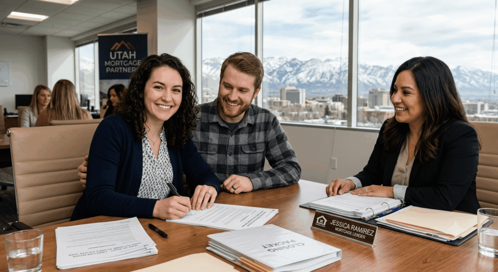 First time home buyer couple in Utah signing loan documents with a mortgage loan officer