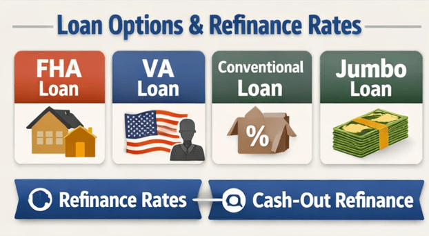 Loan Options & Refinance Rates” infographic with FHA, VA, Conventional, and Jumbo loan boxes, plus Refinance Rates and Cash Out Refinance banners.