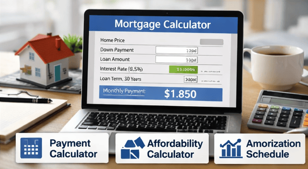 graphic showing the laptop screen, calculator, and labeled icons for Payment Calculator, Affordability Calculator, and Amortization Schedule