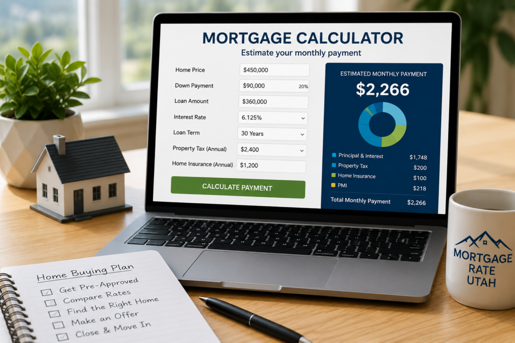 Mortgage calculator showing an estimated monthly payment for a Utah home loan.