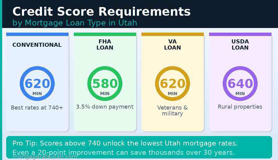Chart showing minimum credit score requirements for conventional, FHA, VA, and USDA mortgage loans in Utah