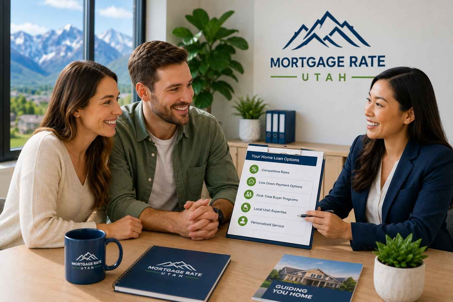 Utah mortgage lender reviewing home loan options with first-time home buyers at a local Utah mortgage office with mountain views through the window