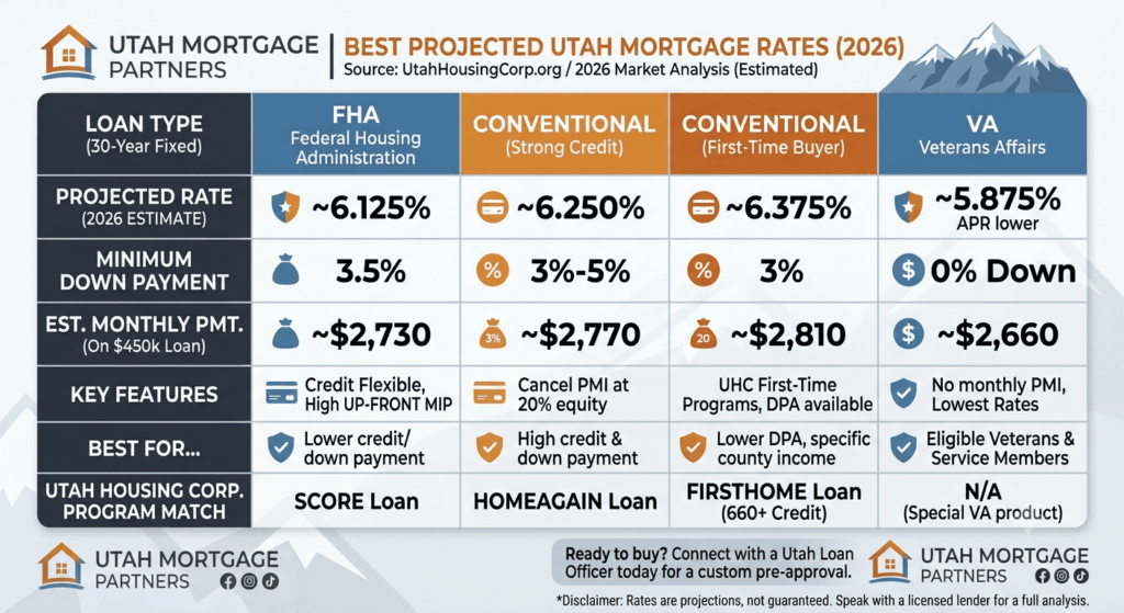 Comparison chart of best mortgage rates in Utah across FHA, conventional, and VA loan types in 2026