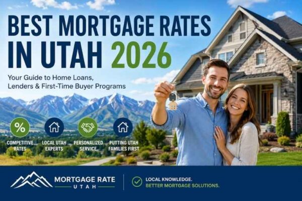 Utah couple holding house keys in front of their new home purchased using the best mortgage rates in Utah 2026 with local Utah mortgage lenders and mountain views in background