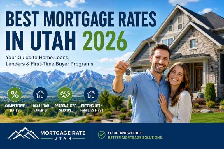 Utah couple holding house keys in front of their new home purchased using the best mortgage rates in Utah 2026 with local Utah mortgage lenders and mountain views in background