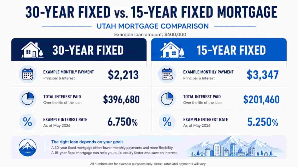 Side-by-side comparison showing Utah 30-year fixed refinance rates versus 15-year
mortgage rates and monthly payment differences