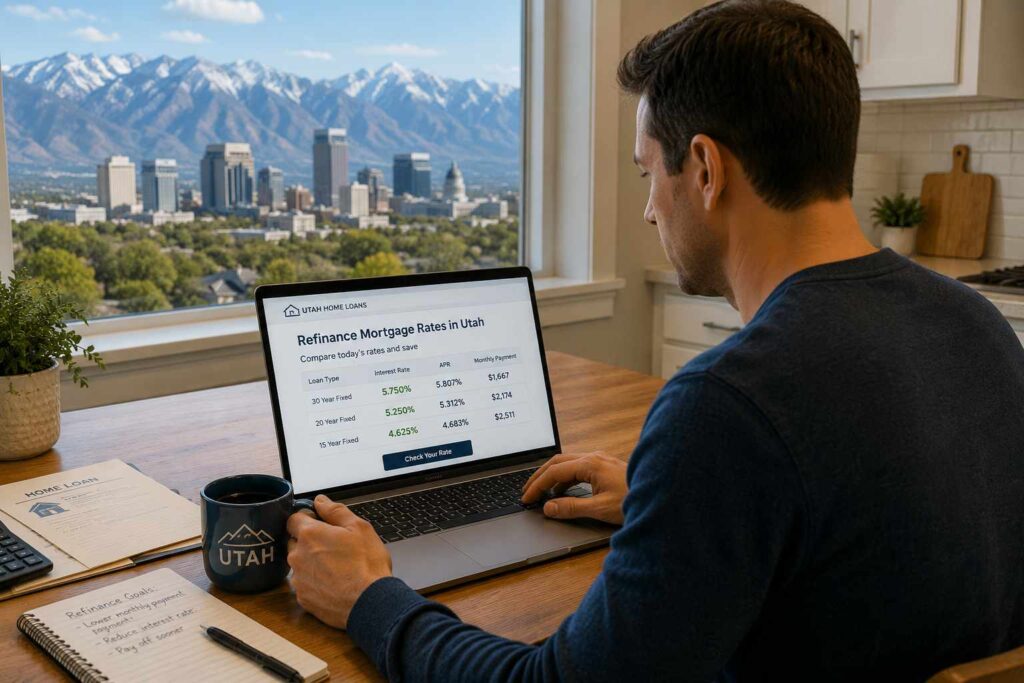 Utah homeowner reviewing refinance mortgage rates on a laptop at the kitchen table with Salt Lake City visible through the window.