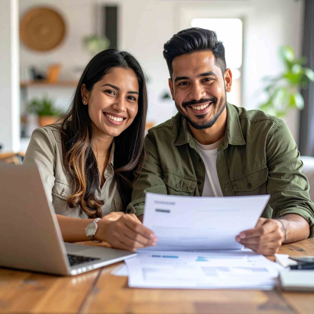 A veteran couple reviewing documents outlining the steps to apply for a VA home loan online.