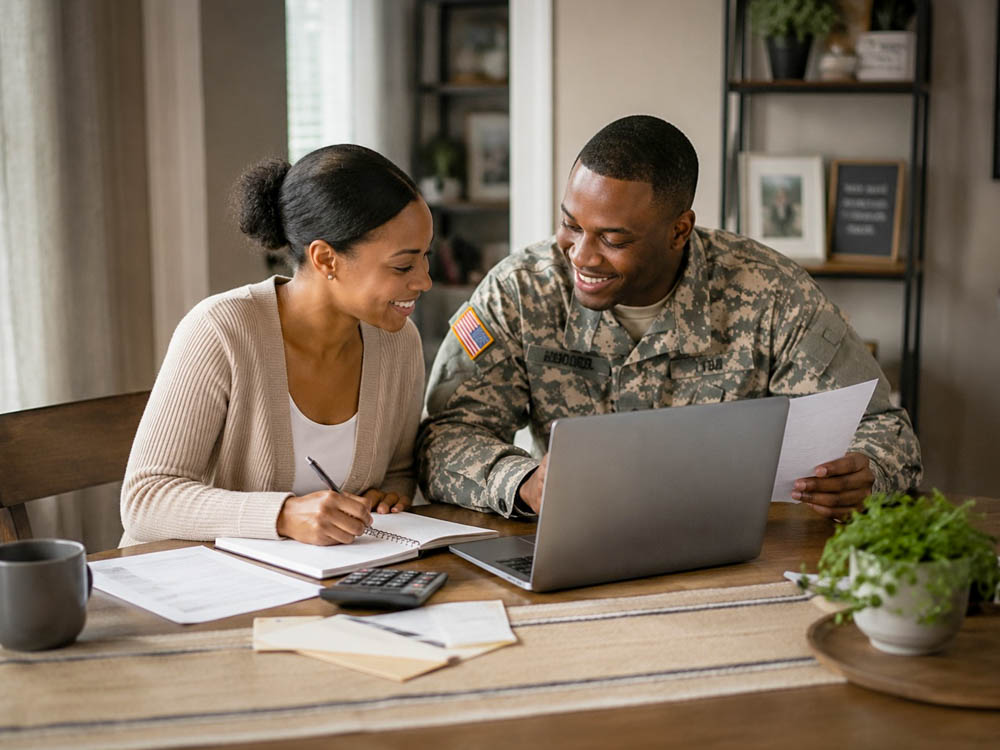 Military couple comparing VA IRRRL rates and monthly mortgage savings on a laptop at home