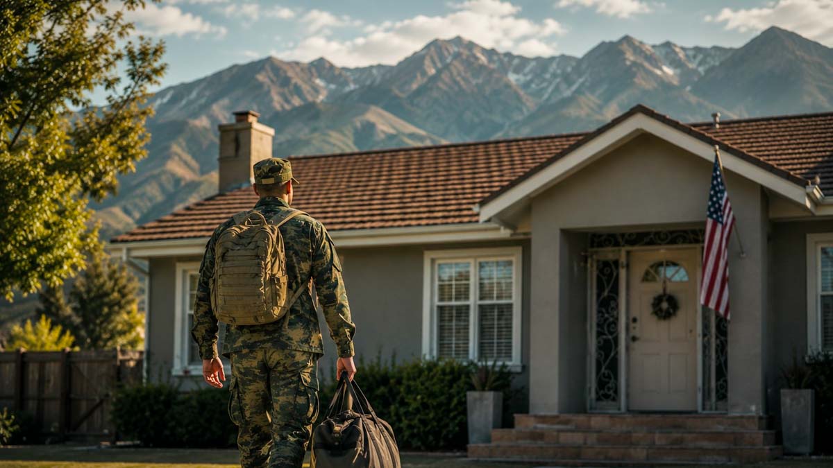 U.S. service member arriving at a Utah home with an American flag, representing the VA IRRRL streamline refinance