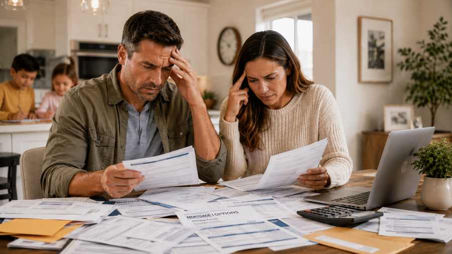 Veteran couple reviewing VA loan calculator paperwork and mortgage options.