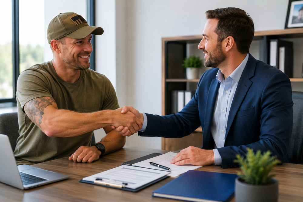 Veteran shaking hands with a Utah mortgage lender representing VA loan rates