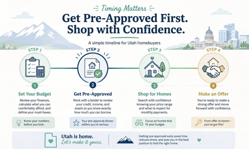 Utah mortgage pre-approval timeline showing buyers should set a budget, get pre-approved, shop for homes, and make an offer.