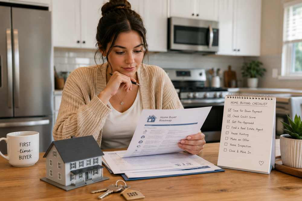 First-time home buyer reviewing mortgage paperwork and a home buying checklist before closing.