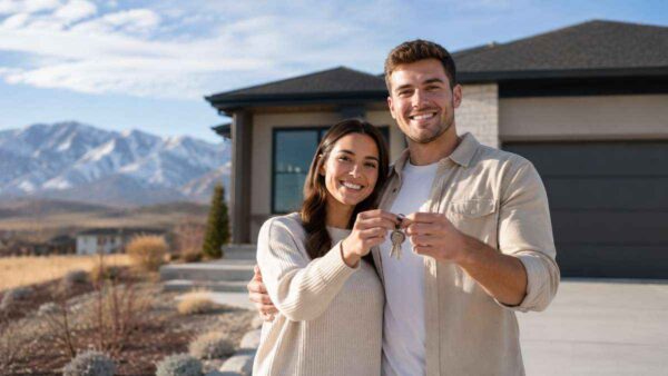 First-time home buyers standing outside a Utah home after purchasing their first house.