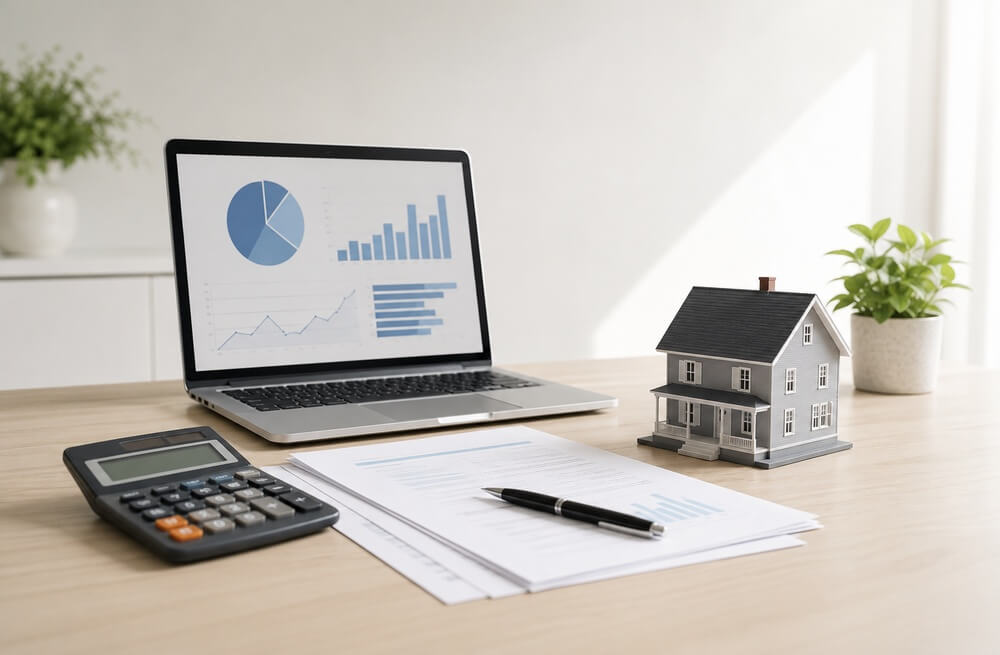 Mortgage calculator, home loan paperwork, and model house for first-time home buyers in Utah.