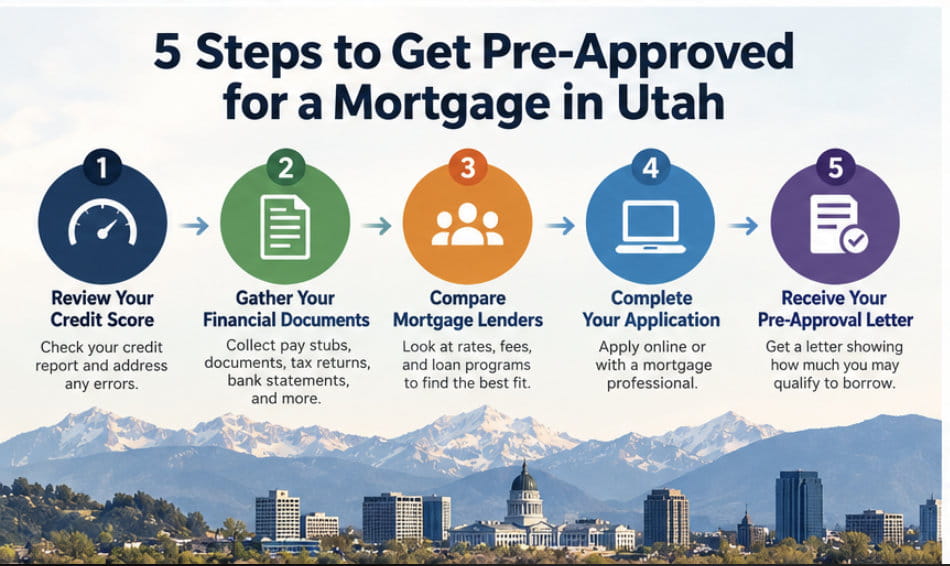 Infographic showing five steps to get preapproved for a mortgage, including checking credit, gathering documents, comparing lenders, applying, and receiving a pre-approval letter.
