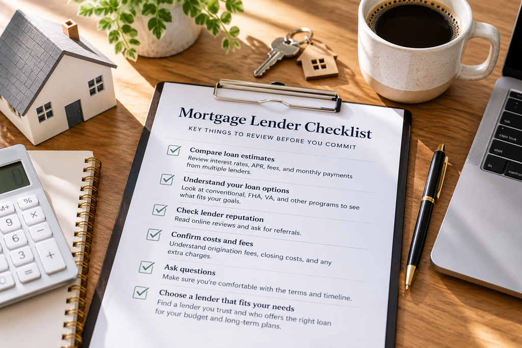 Mortgage lender checklist showing important steps for Utah homebuyers to compare loan estimates, interest rates, fees, and mortgage options.