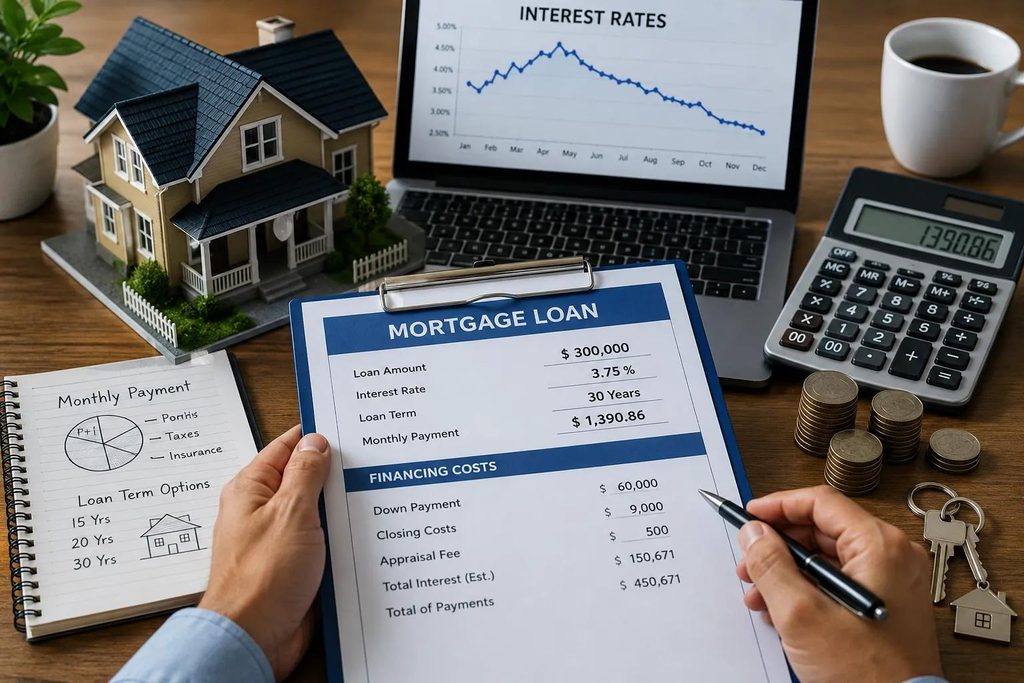 Mortgage rate comparison documents, calculator, and model home on a desk showing how Utah homebuyers can compare mortgage loan offers.