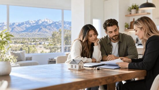 Utah homebuyers reviewing conventional loan requirements with a mortgage advisor