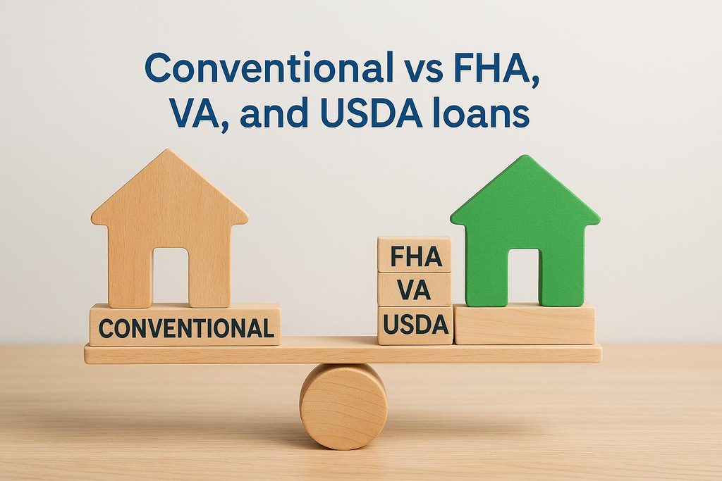 Comparison of conventional, FHA, VA, and USDA home loans for first-time home buyers, illustrated with houses on a balance scale.
