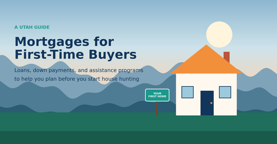 An image of a little white house with an orange roof next to a small green sign that reads, "Your First Home" and the words "A Utah Guide", Mortgages for First-Time Buyers" and "Loans, down payments, and assistance programs to help you plan before you start house hunting".