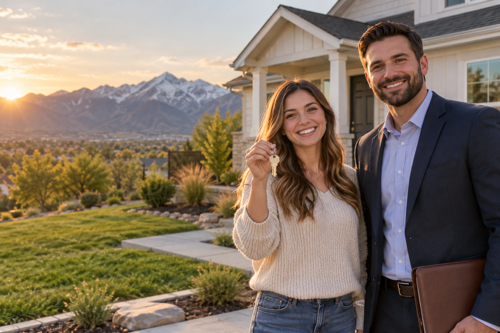 First-time Utah homebuyer receiving keys outside a new home after reviewing mortgage and down-payment assistance options.