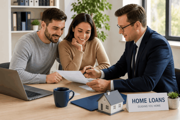 a couple with a loan agent going over how to buy a home.