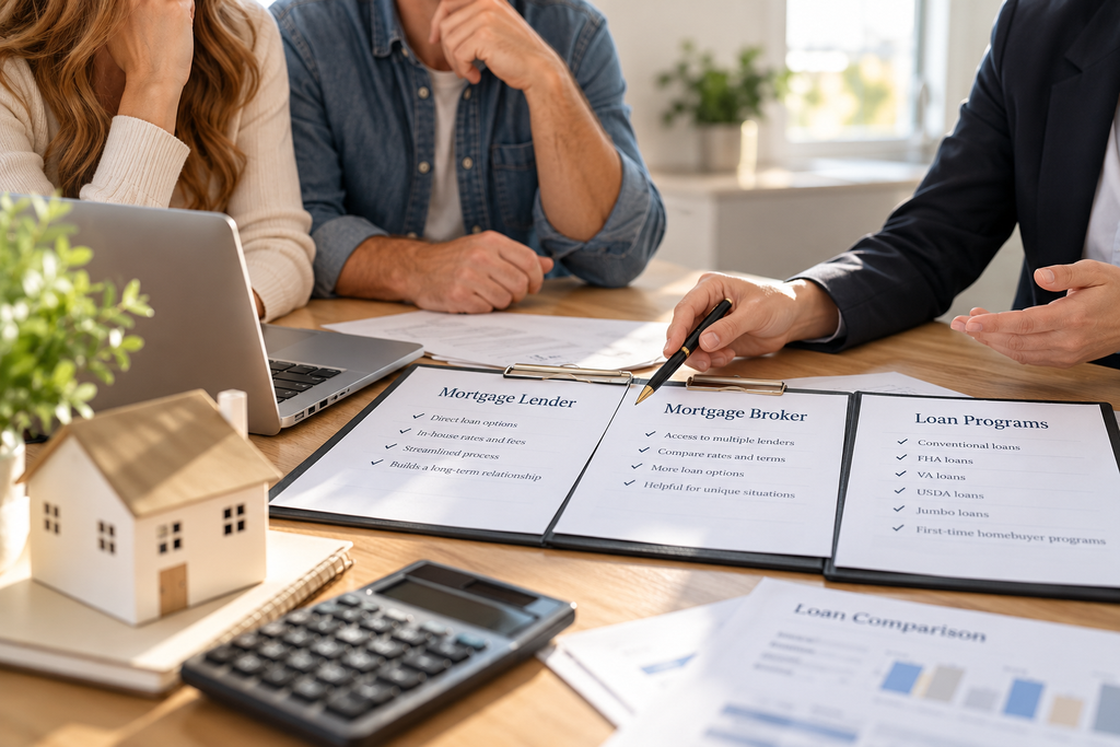 Utah homebuyers meeting with a mortgage lender to compare mortgage brokers, loan programs, interest rates, and home financing options.