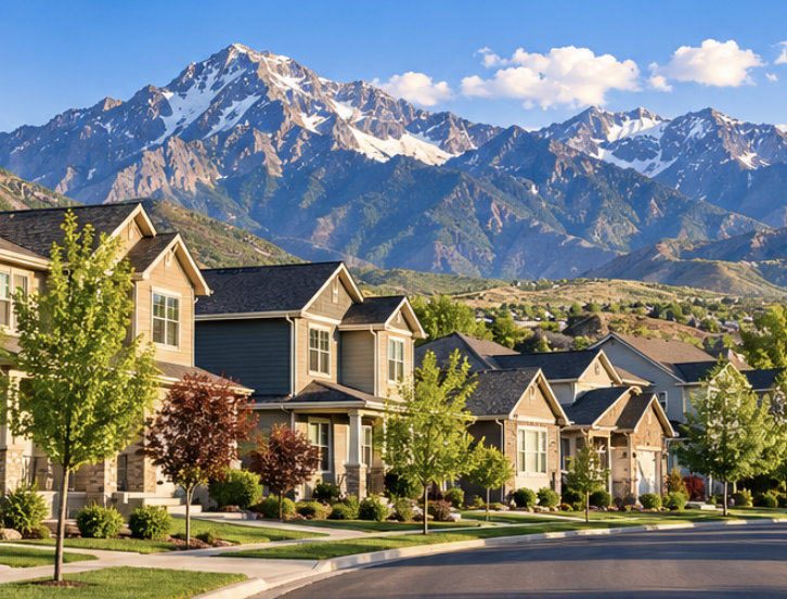 Residential homes in a Utah neighborhood with the Wasatch Mountains in the background, illustrating homebuying opportunities for mortgage pre-approved buyers.
