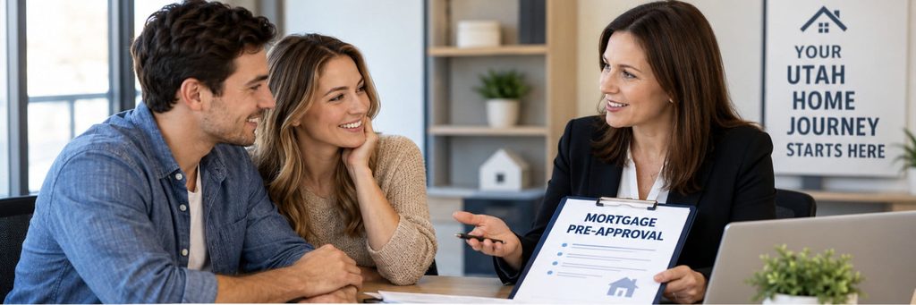 First-time homebuyers meeting with a Utah mortgage lender to learn how to get pre approved for a mortgage loan.